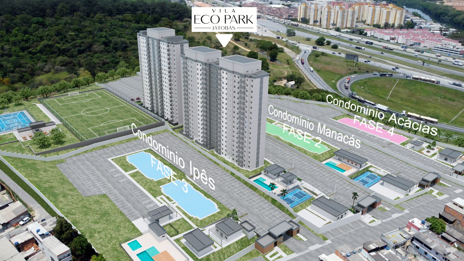 Renderização 3D completa do Vila Eco Park Jatobás mostrando todas as fases do projeto, torres residenciais, áreas de lazer, piscinas, quadras esportivas e paisagismo integrado