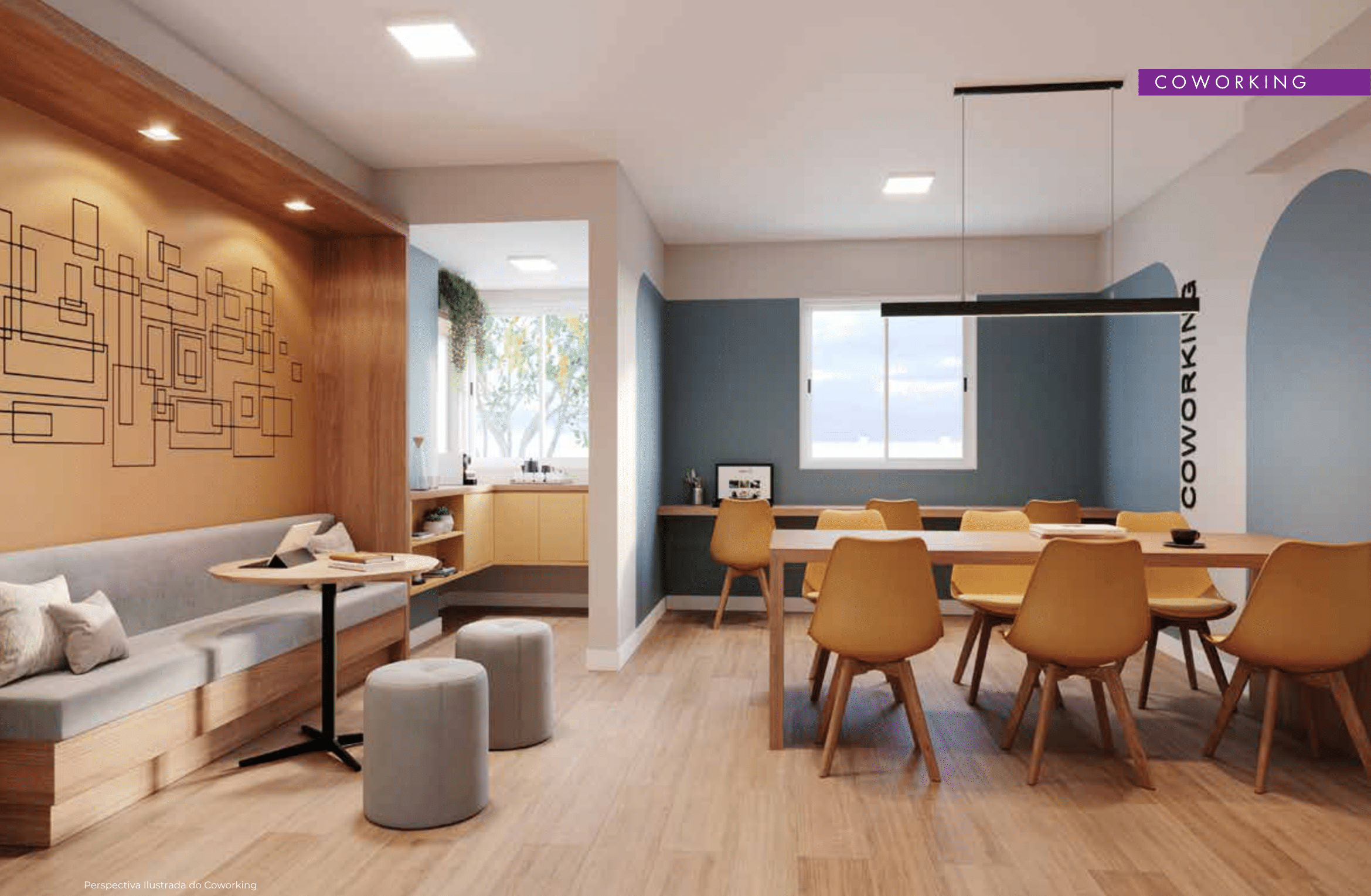 Área de coworking moderna com lounge e espaço para trabalho