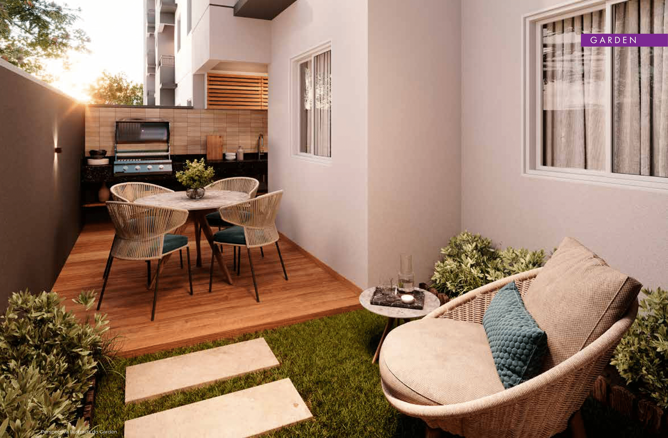 Garden com área gourmet e deck de madeira para convivência