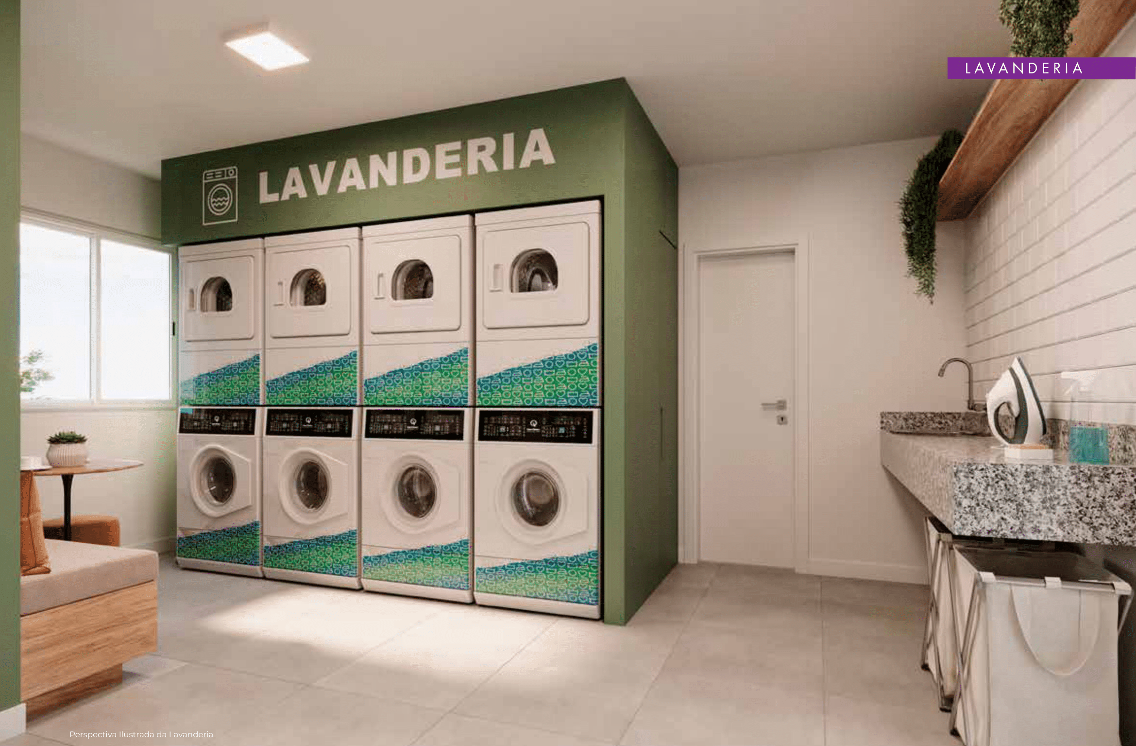 Lavanderia moderna com máquinas de lavar e área de espera