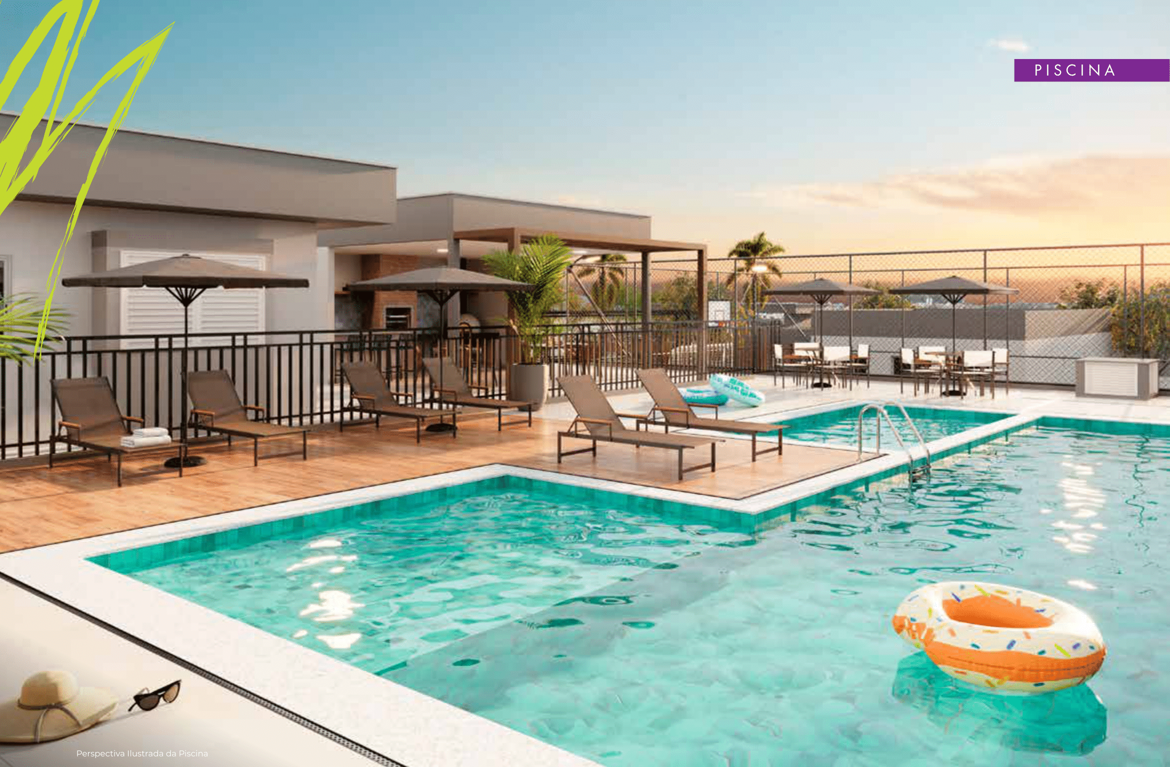 Piscina do Vila Eco Park com deck de madeira, espreguiçadeiras e área gourmet