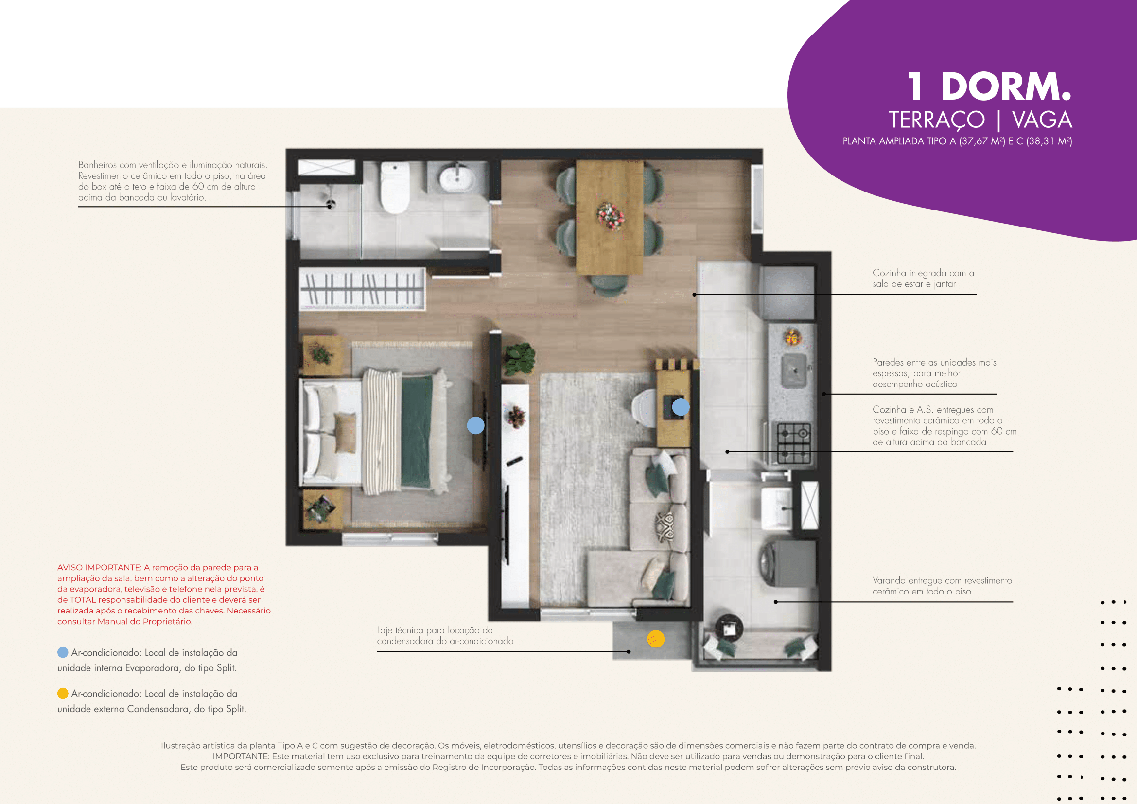 Planta apartamento 1 dormitório Vila Eco Park Osasco com varanda grill e cozinha integrada - Tipos A e C