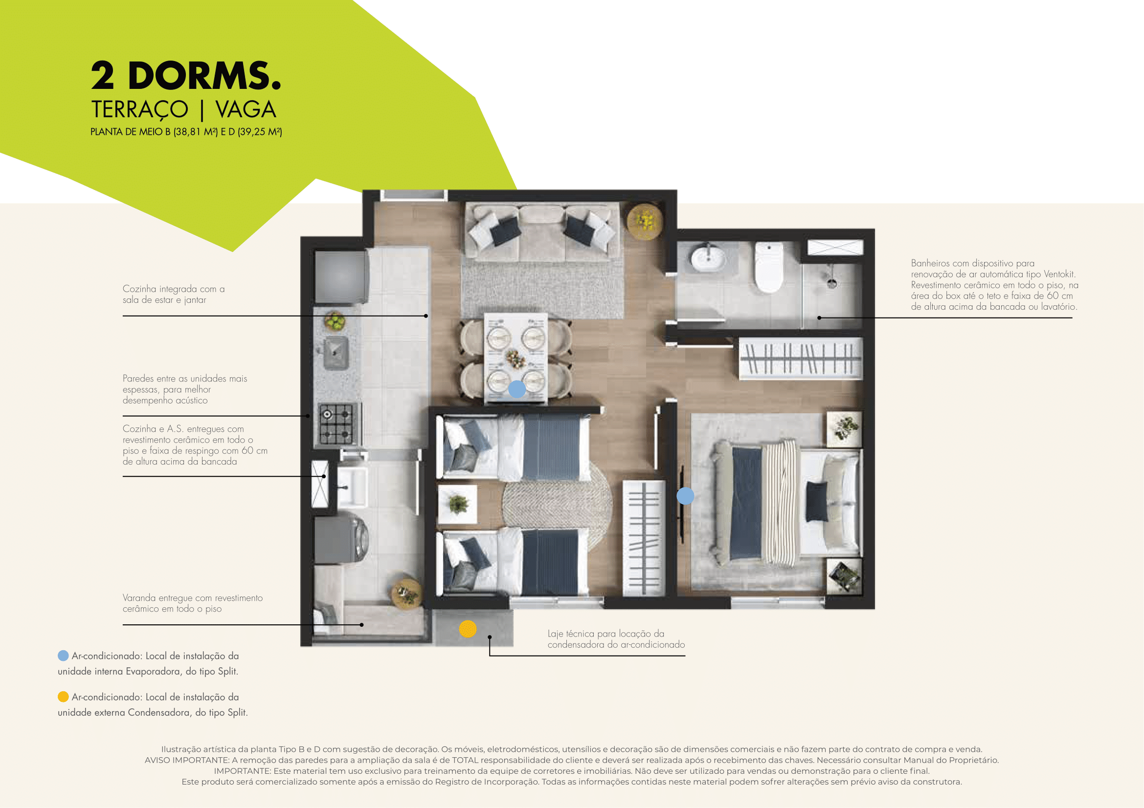 Planta apartamento 2 dormitórios Vila Eco Park Osasco com suíte master e varanda com churrasqueira - Tipos B e D