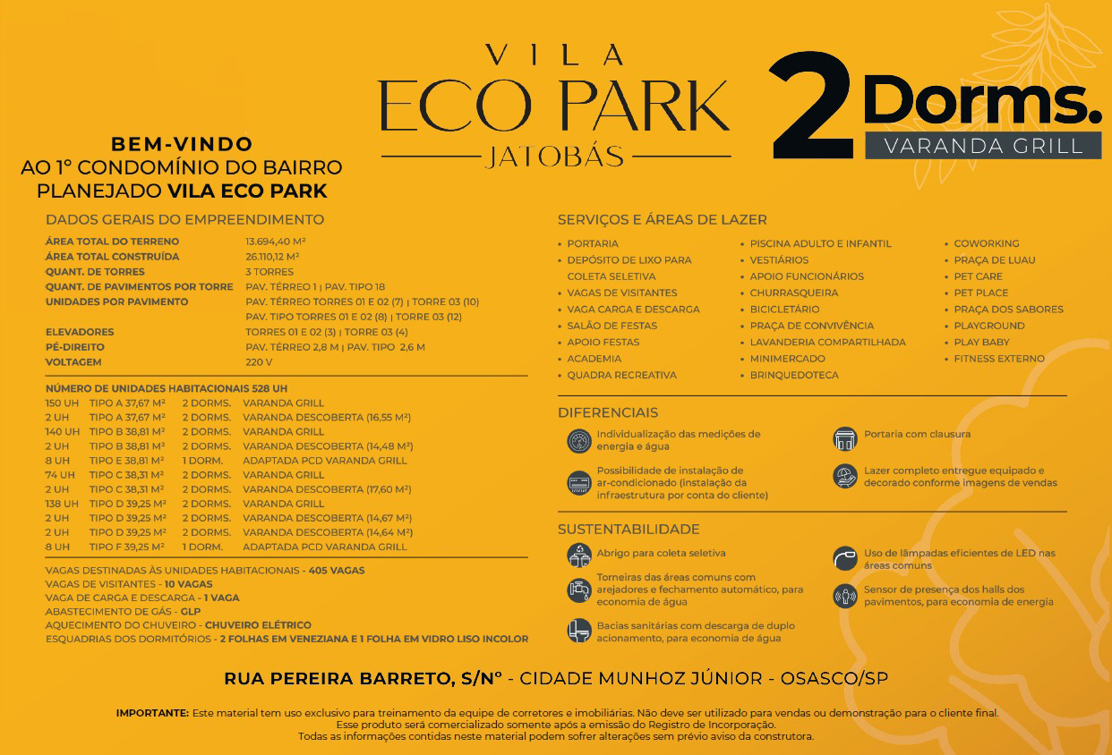 Especificações Técnicas Completas do Vila Eco Park Jatobás - Apartamentos a partir de R$ 189.900 - Clique para ampliar